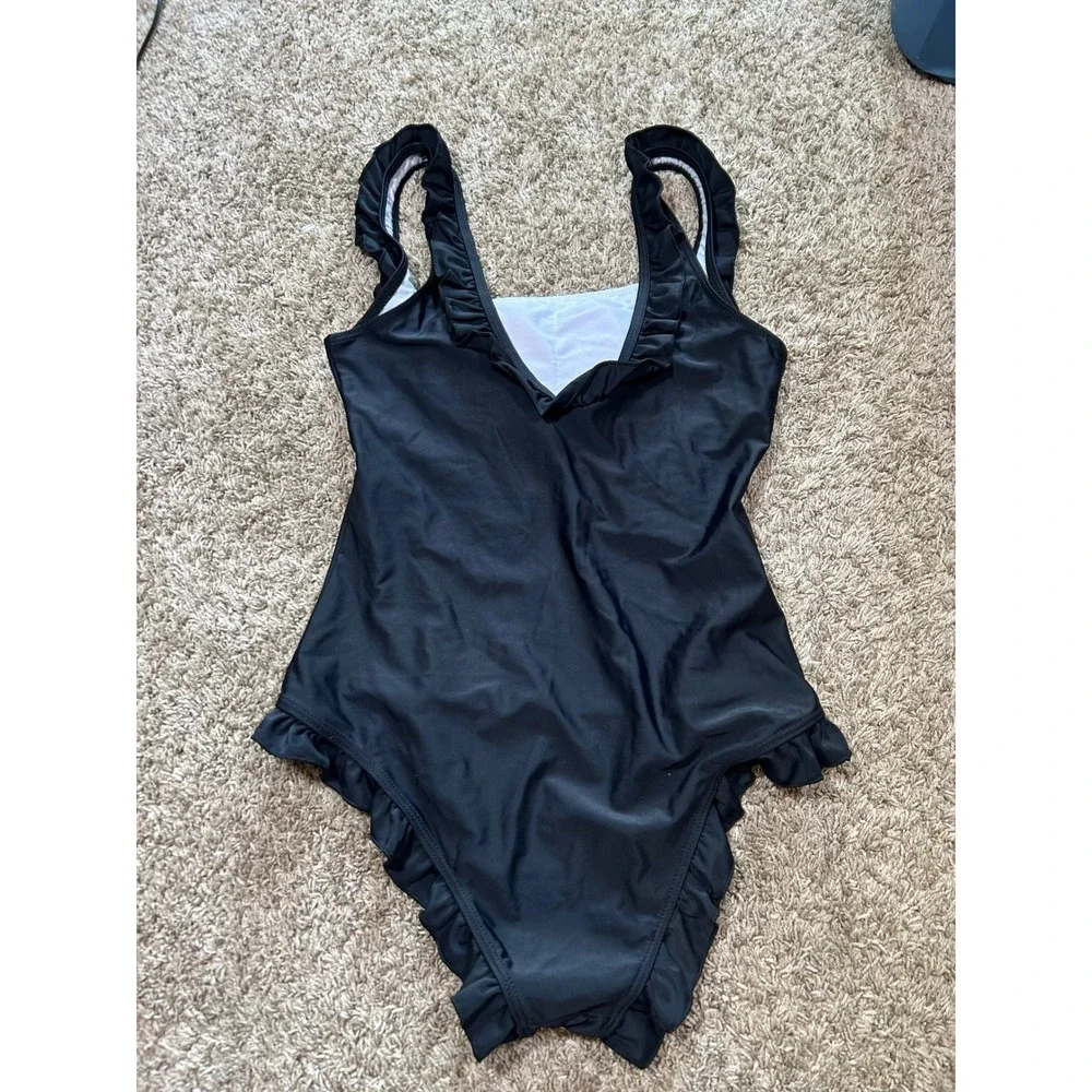 Womens Black‎ White Ruffle Square Neck One Piece Swimsuit Coquette Chic Retro  M